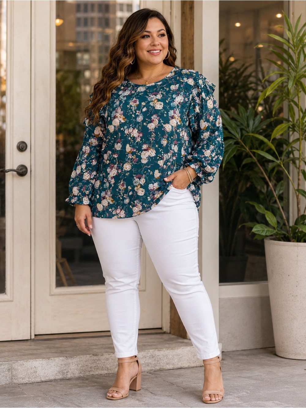 Hayden Teal Floral Ruffle Tunic